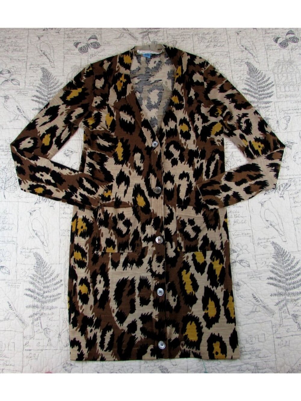 Diane Von Furstenberg Animal Print Cardigan Sweater Lightweight merino wool M